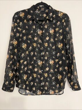 The Kooples Black Sheer Floral Button-Down Blouse